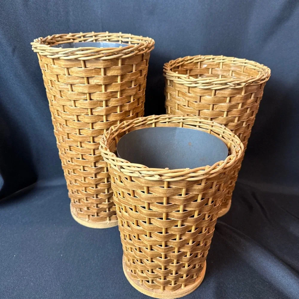 Vintage 3pc Set Woven Wicker Display Basket Vases w/ 2 Metal Liners 14
